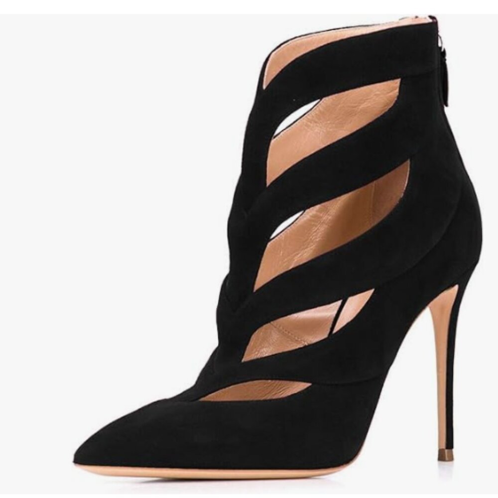 FSJ Black Sexy Cutout Ankle Booties Pointed Toe Stiletto high Heels Short Boots
